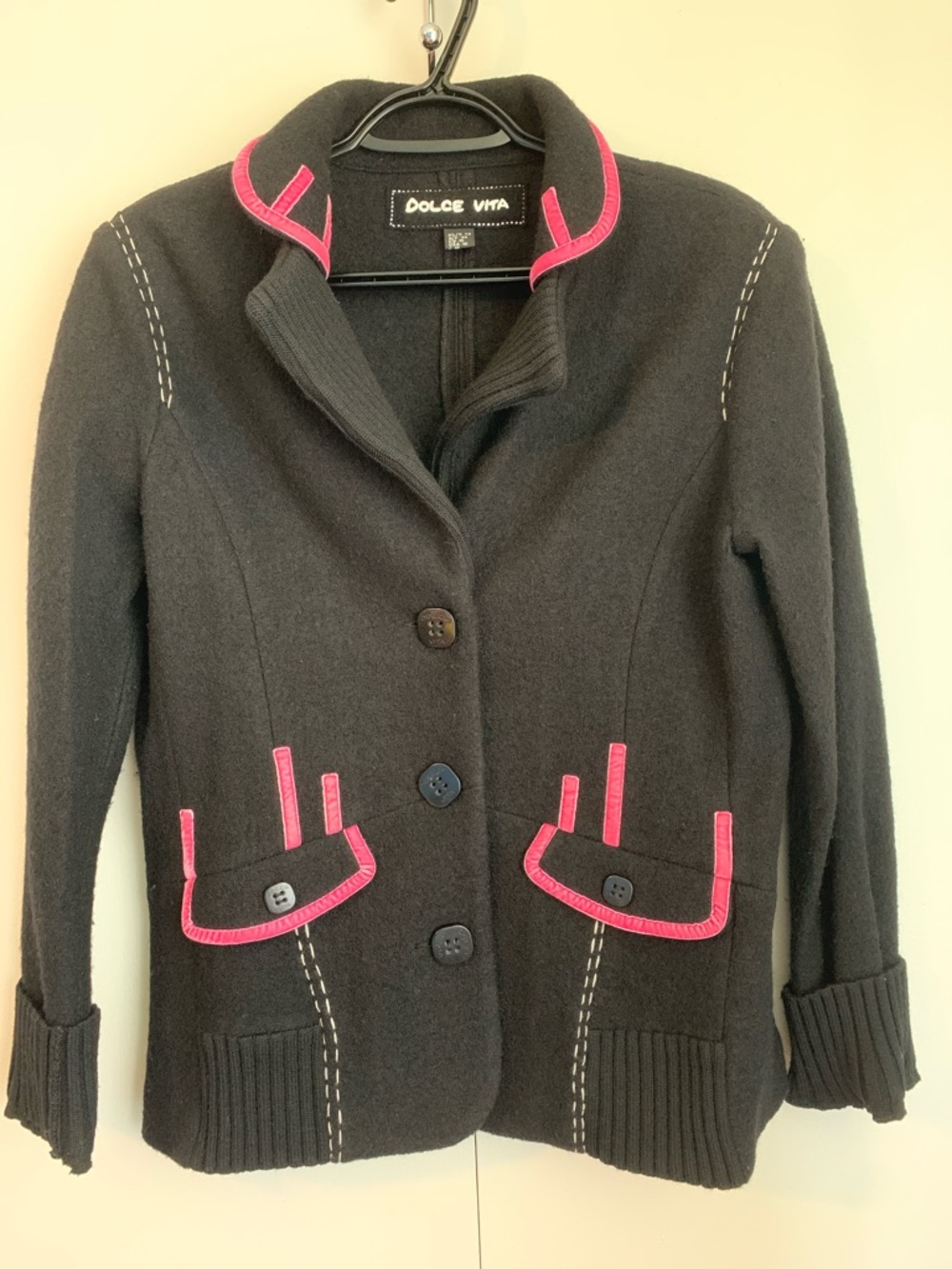 Rare Dolce Vita Black Pink & White Stitched Buttoned Ribbed Wool Jacket Size 10